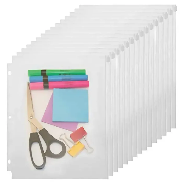 Yoeejob 3 Holes Clear Pvc Zipper Binder Pocket Insert Pages Letter Size, 8 1/2‘ X 11 Loose Leaf Binder Filing Storage Bags 15 P