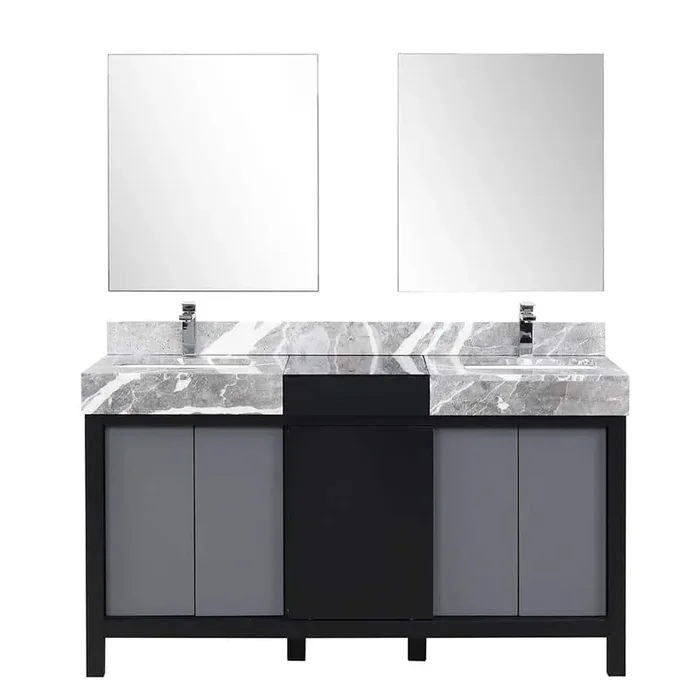 Zilara 60 in. W x 22 in. D Black and Grey Double Bath Vanity w/ Castle Grey Marble Top,Chrome Faucet Set, 28 in. Mirrors