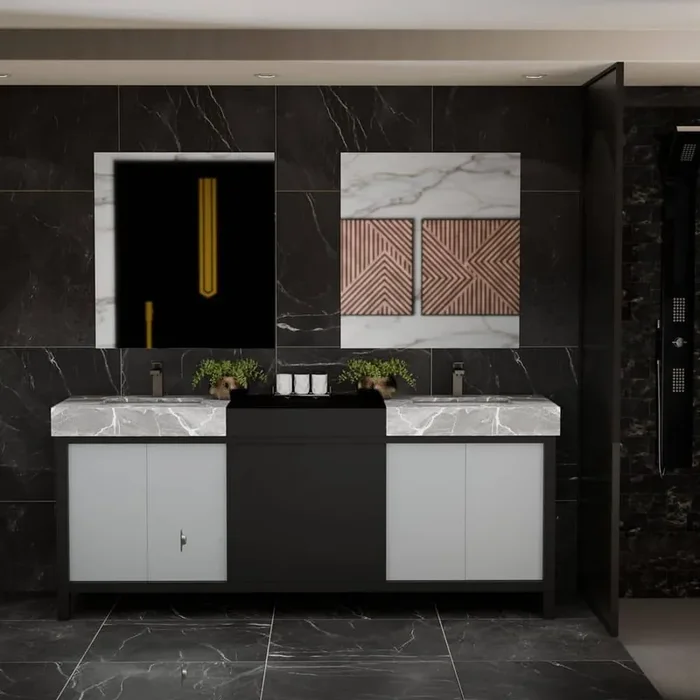 Zilara 80 in x 22 in D Black and Grey Double Bath Vanity, Castle Grey Marble Top, Gun Metal Faucet Set and 30 in Mirrors