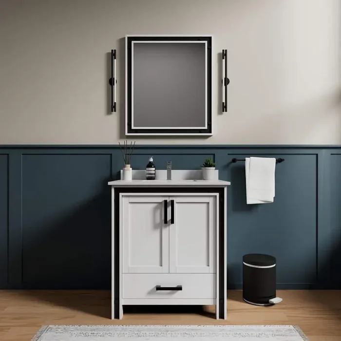 Ziva 30 in W x 22 in D White Bath Vanity, White Quartz Top, Faucet Set and 28 in Mirror