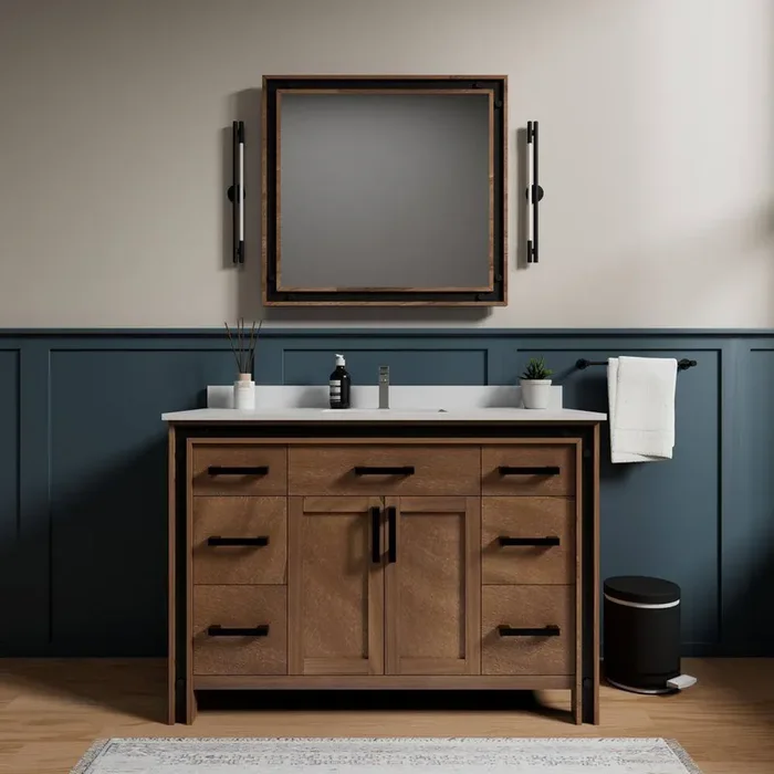 Ziva 48 in W x 22 in D Rustic Barnwood Bath Vanity, White Quartz Top and Faucet Set