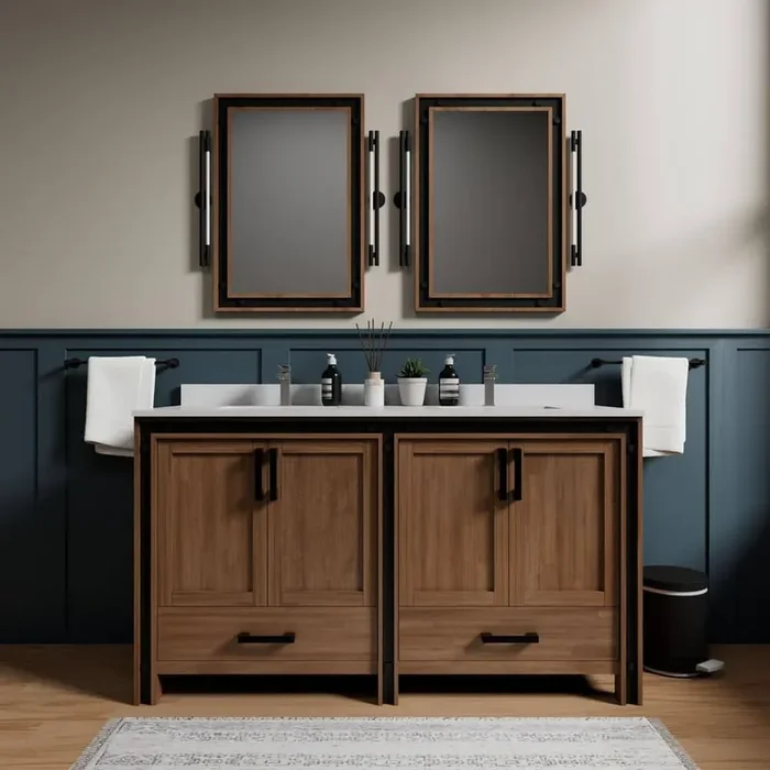 Ziva 60 in W x 22 in D Rustic Barnwood Double Bath Vanity, White Quartz Top, Faucet Set and 22 in Mirrors
